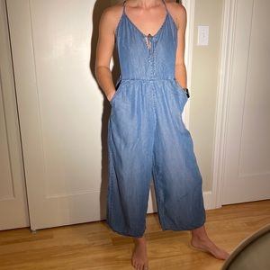 Halter denim jumpsuit.